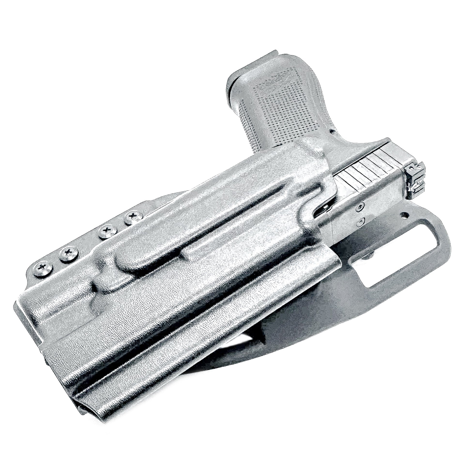 Black OWB Duty & Competition holster for the Glock 34 and Surefire X300 shown with Duty Drop attachment.