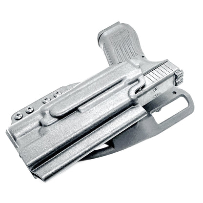 Black OWB Duty & Competition holster for the Glock 34 and Surefire X300 shown with Duty Drop attachment.