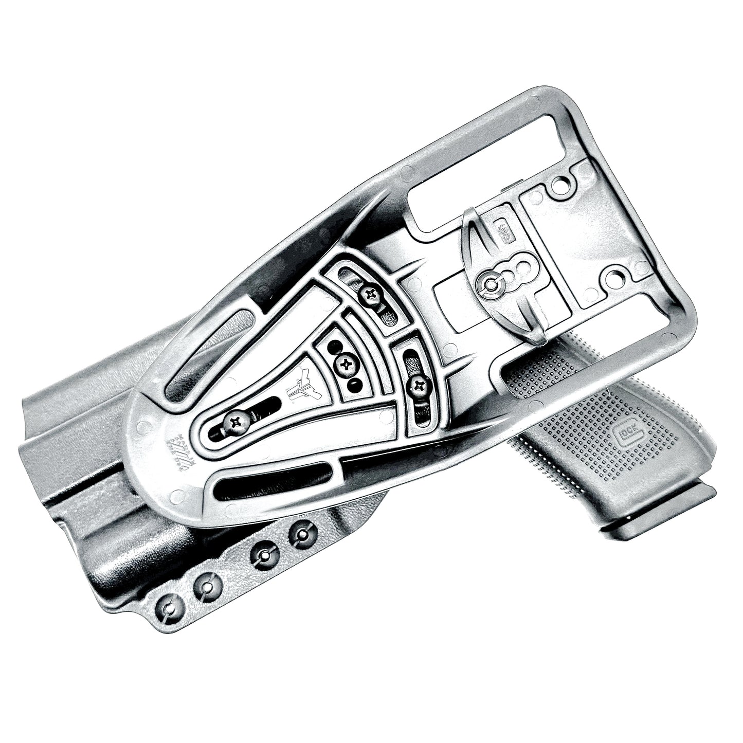 Black OWB Duty & Competition holster for the Glock 34 and Surefire X300 shown with Duty Drop attachment.