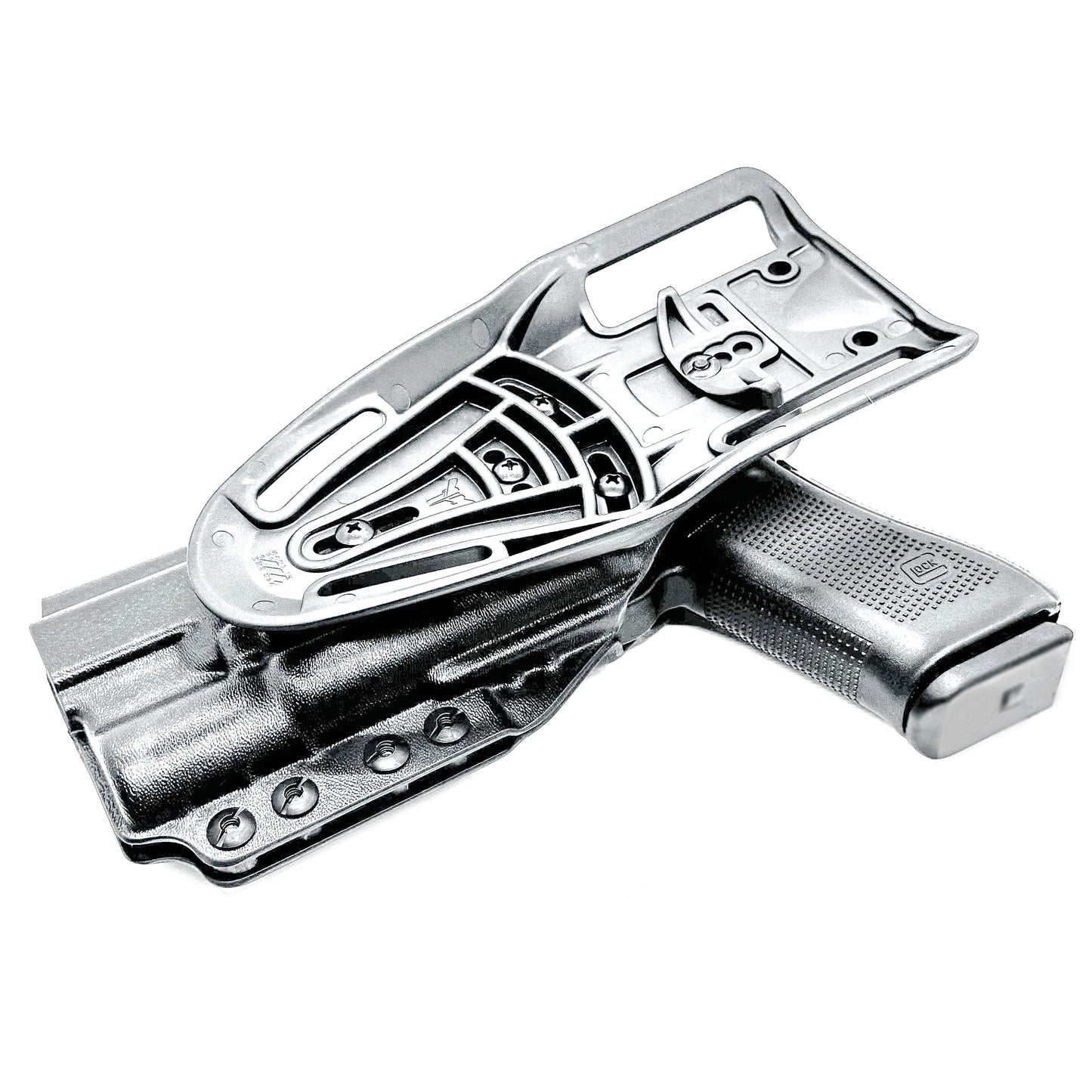 Black OWB Duty & Competition holster for the Glock 34 and Surefire X300 shown with Duty Drop attachment.