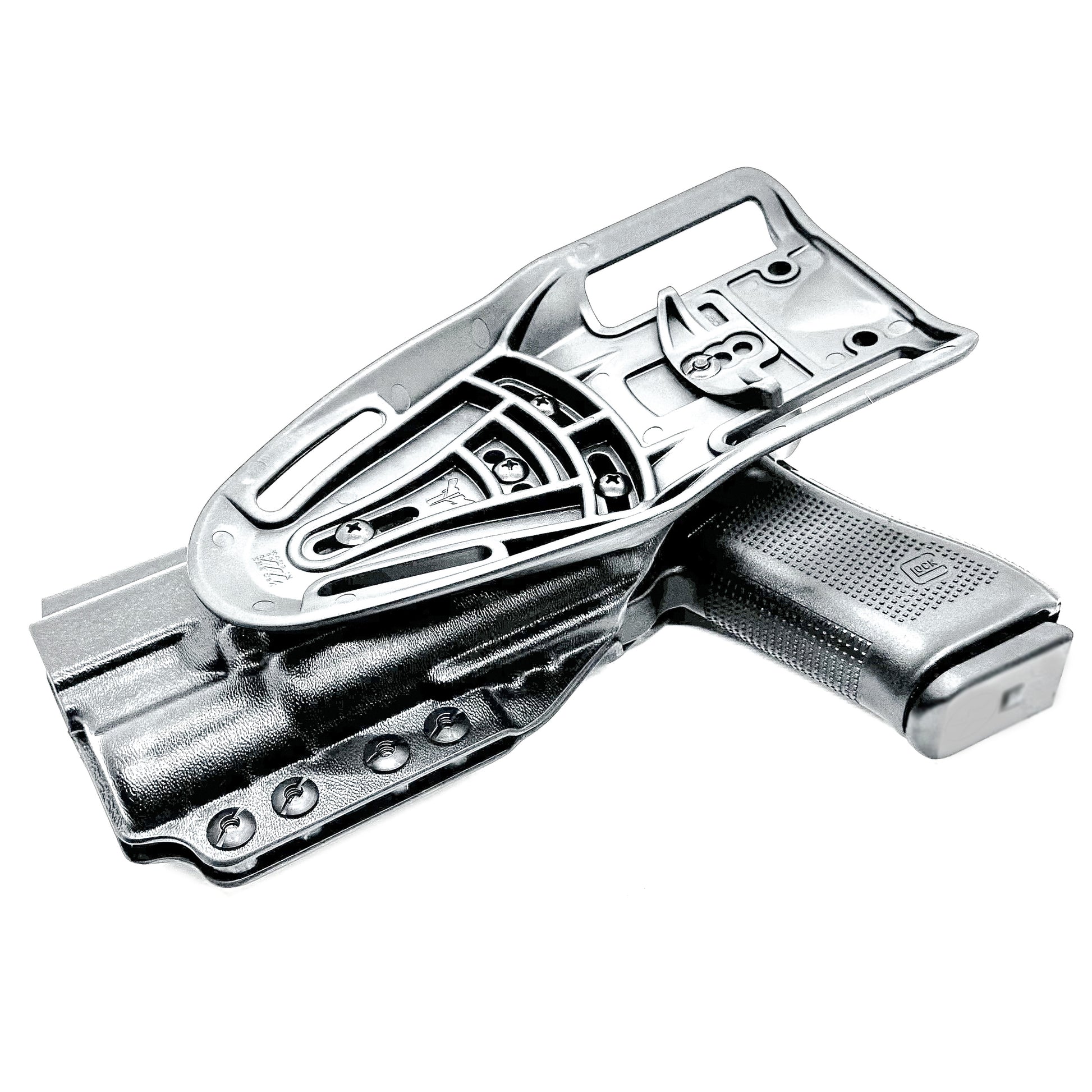 Black OWB Duty & Competition holster for the Glock 34 and Surefire X300 shown with Duty Drop attachment.