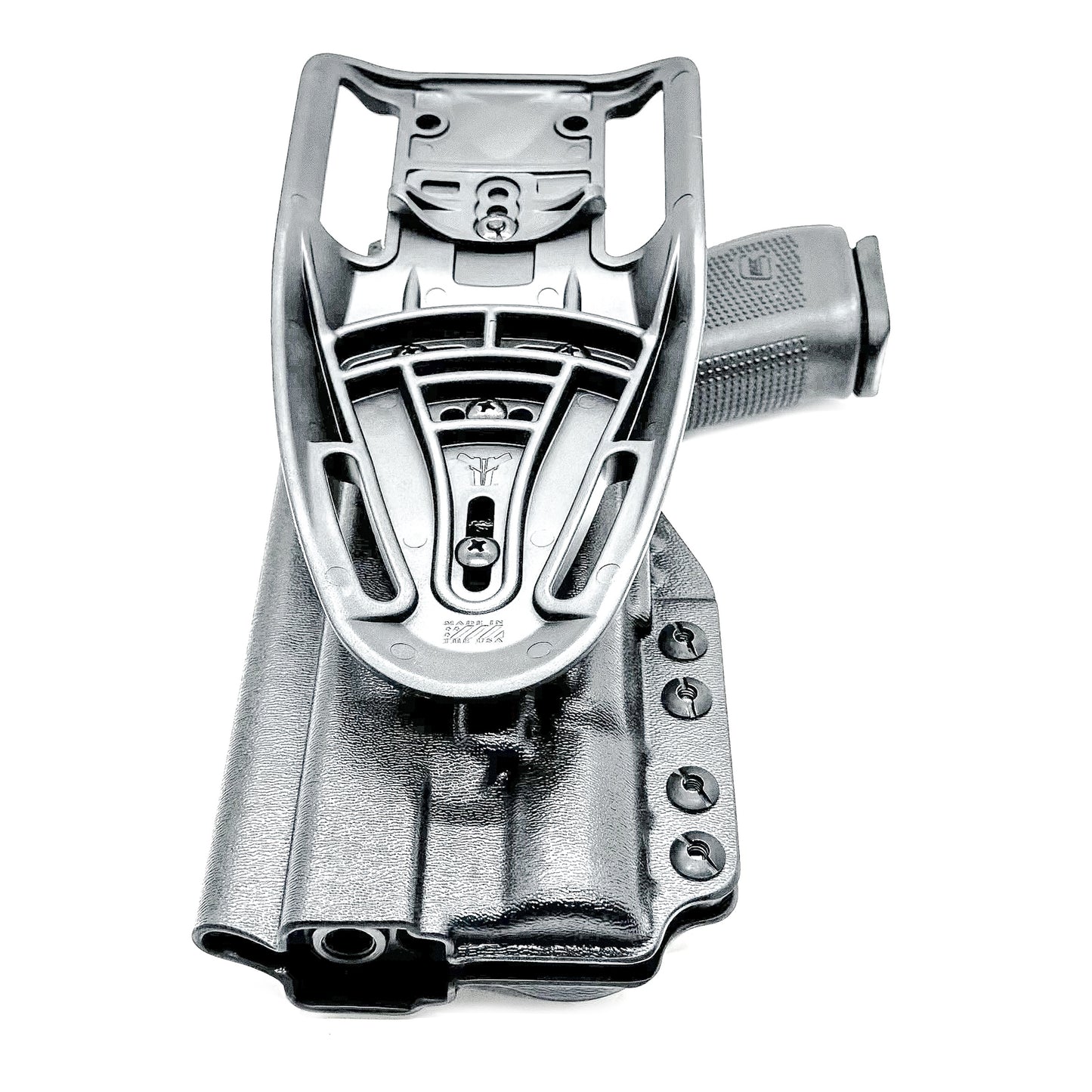 Black OWB Duty & Competition holster for the Glock 34 and Surefire X300 shown with Duty Drop attachment.