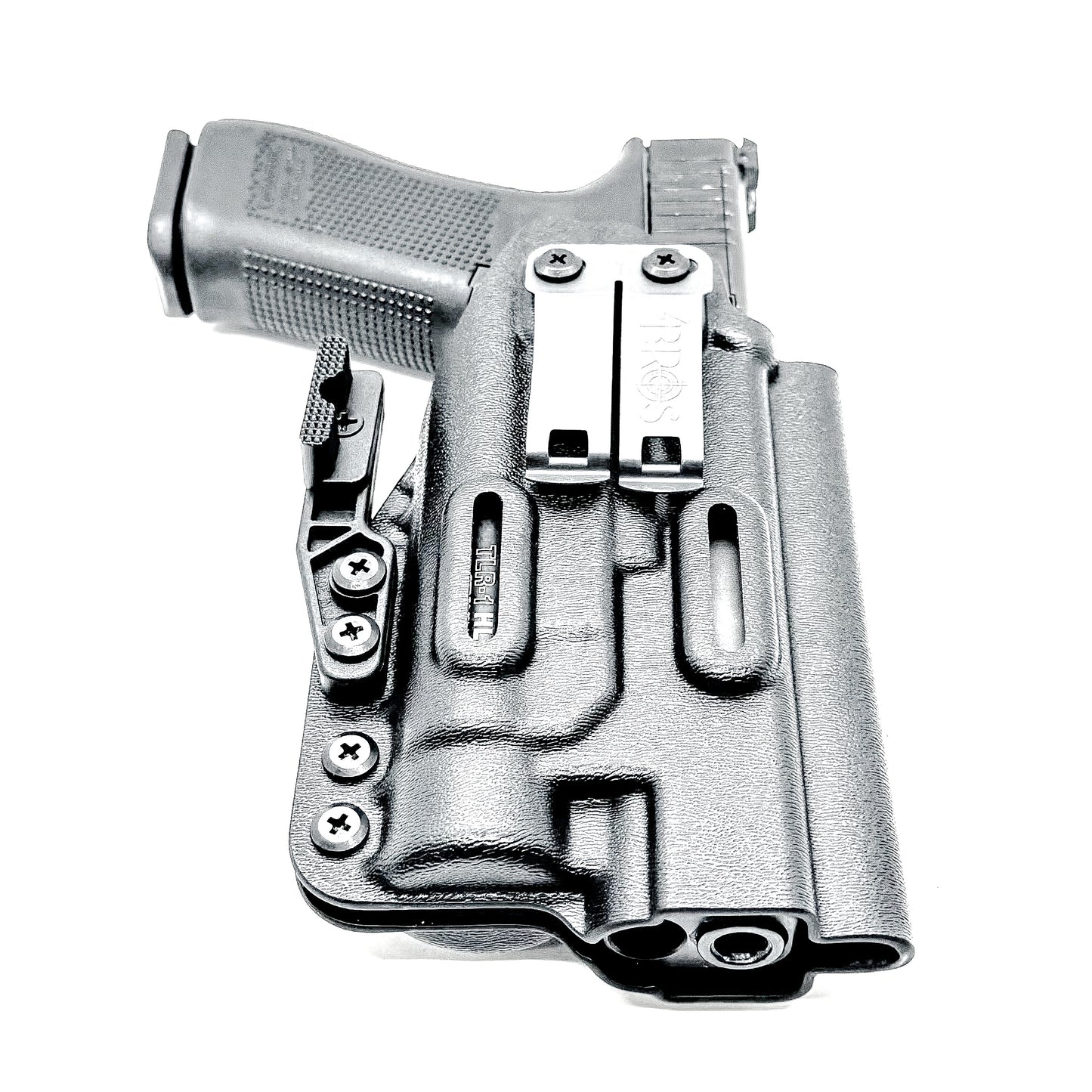 Black Inside Waistband (IWB) holster for the Glock 34 & Streamlight TLR- HL with DCC Monoblock and modwing.