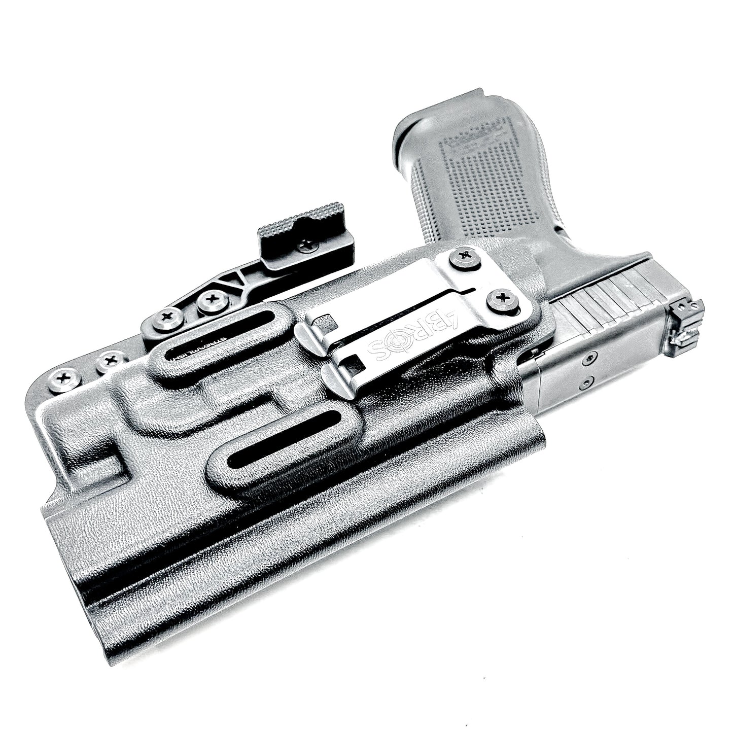 Black Inside Waistband (IWB) holster for the Glock 34 & Streamlight TLR- HL with DCC Monoblock and modwing.