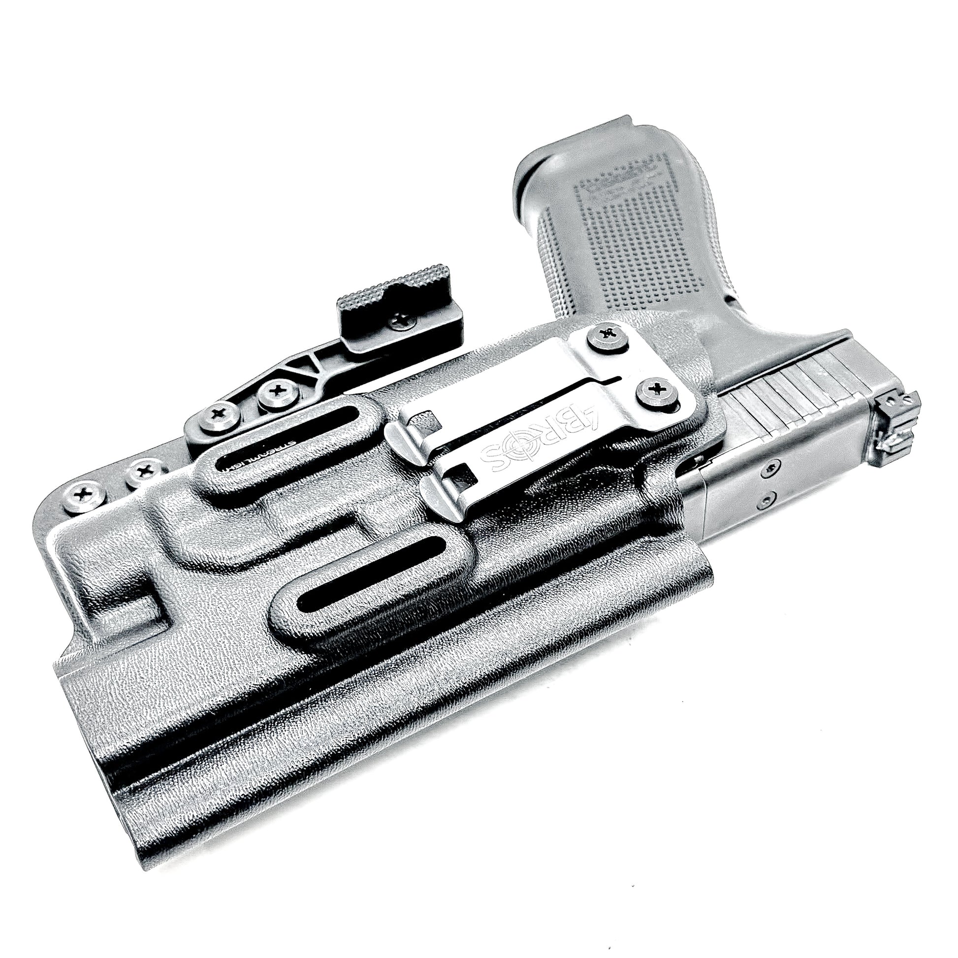 Black Inside Waistband (IWB) holster for the Glock 34 & Streamlight TLR- HL with DCC Monoblock and modwing.