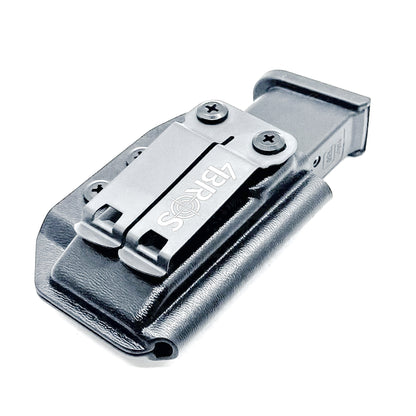 Black Kydex IWB AIWB appendix inside waistband magazine pouch for the Glock 43X & 48 from Four Brothers 4BROS Holsters.  Adjustable retention. 