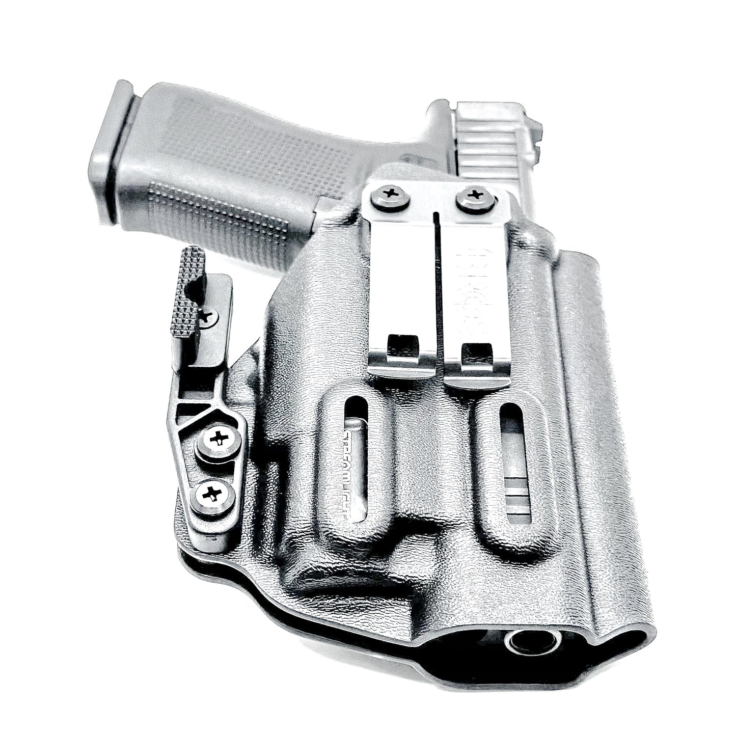 Black Inside Waistband Holster IWB for the Glock 43X MOS, 48 MOS, 43X Rail, or 48 Rail pistol & Streamlight TLR-8 HL-X Sub with DCC Monoblock and a Modwing.