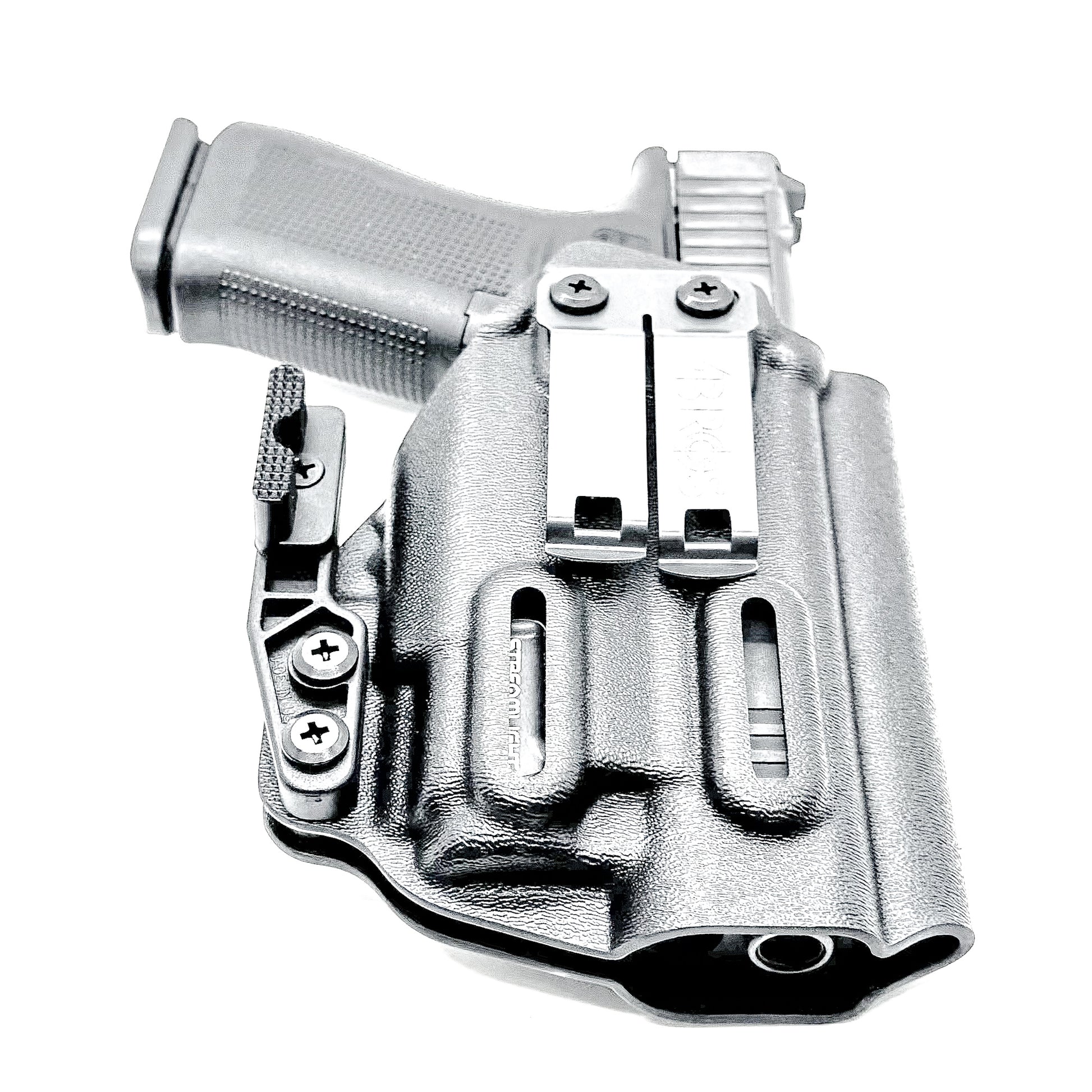 Black Inside Waistband Holster IWB for the Glock 43X MOS, 48 MOS, 43X Rail, or 48 Rail pistol & Streamlight TLR-8 HL-X Sub with DCC Monoblock and a Modwing.