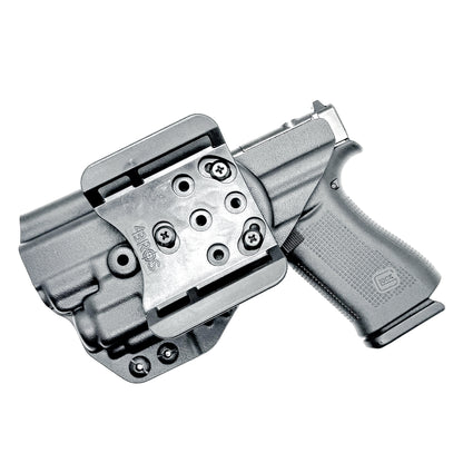Black OWB Holster with a 4BROS 1.5" Belt Slide for the Glock 43X or 48 MOS with the TLR-8 Sub light.