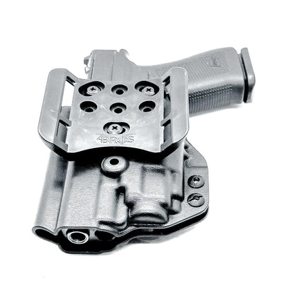 Black OWB Holster with a 4BROS 1.5" Belt Slide for the Glock 43X or 48 MOS with the TLR-8 Sub light.