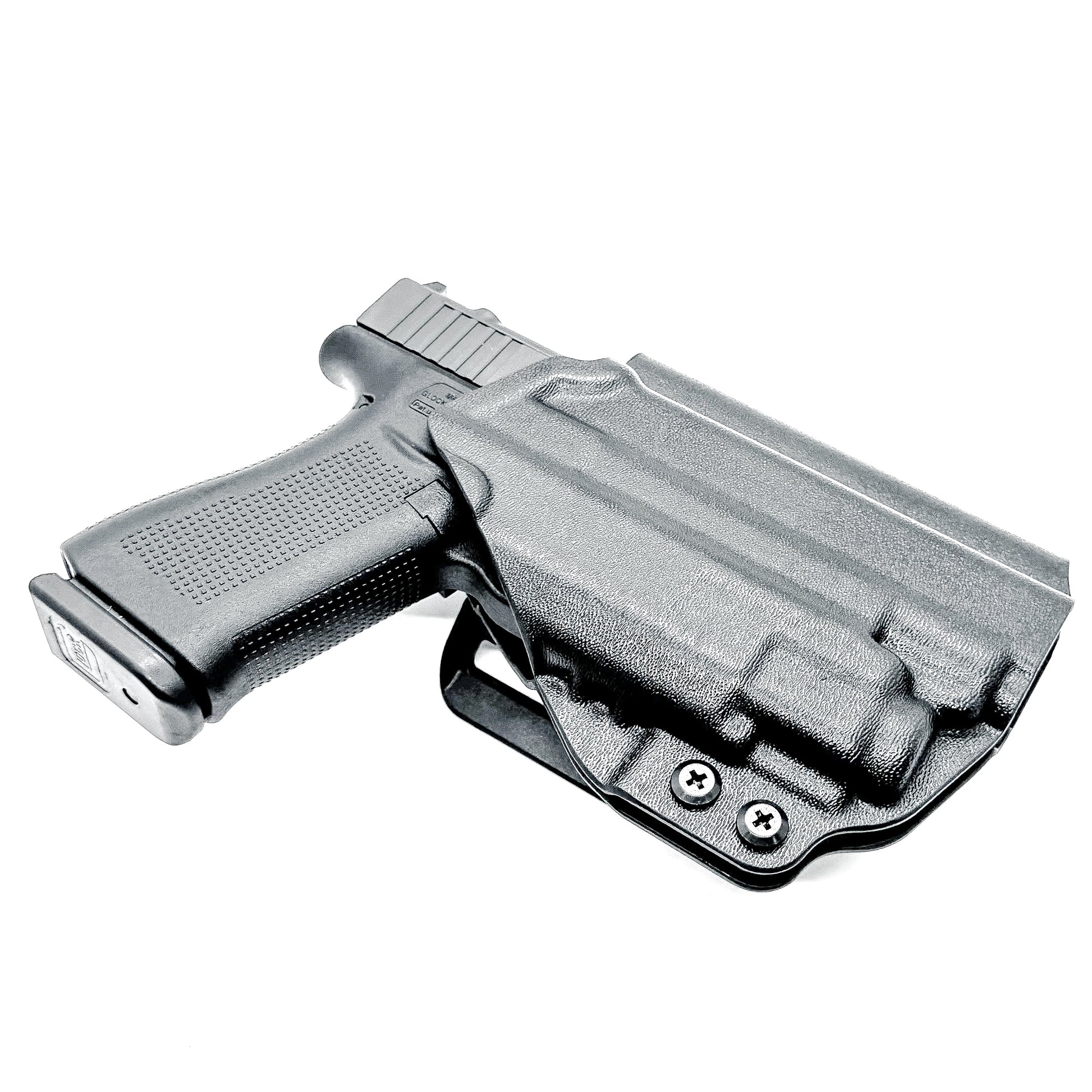 Outside Waistband OWB Kydex Holster for the Glock 43X MOS, 48 MOS, 43X Rail or 48 Rail pistol & Streamlight TLR-8 Sub, in black with 4Bros 1.5" Belt Slide.