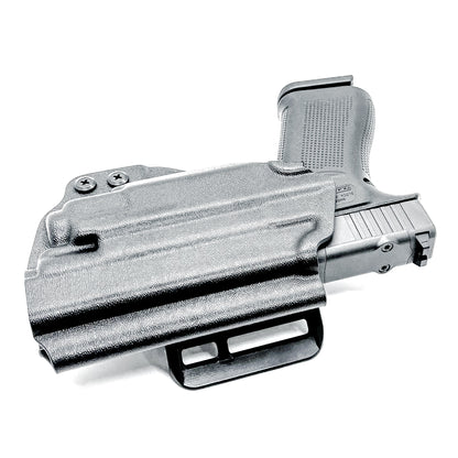 Outside Waistband OWB Kydex Holster for the Glock 43X MOS, 48 MOS, 43X Rail or 48 Rail pistol & Streamlight TLR-8 Sub, in black with 4Bros 1.5" Belt Slide.