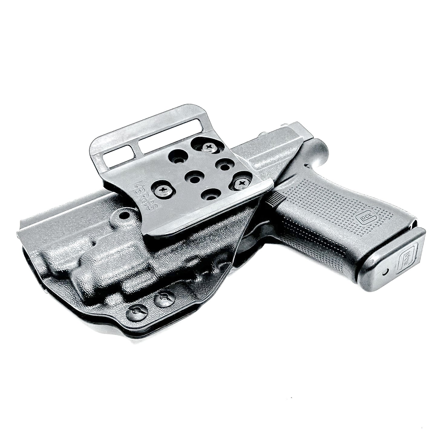 Outside Waistband OWB Kydex Holster for the Glock 43X MOS, 48 MOS, 43X Rail or 48 Rail pistol & Streamlight TLR-8 Sub, in black with 4Bros 1.5" Belt Slide.