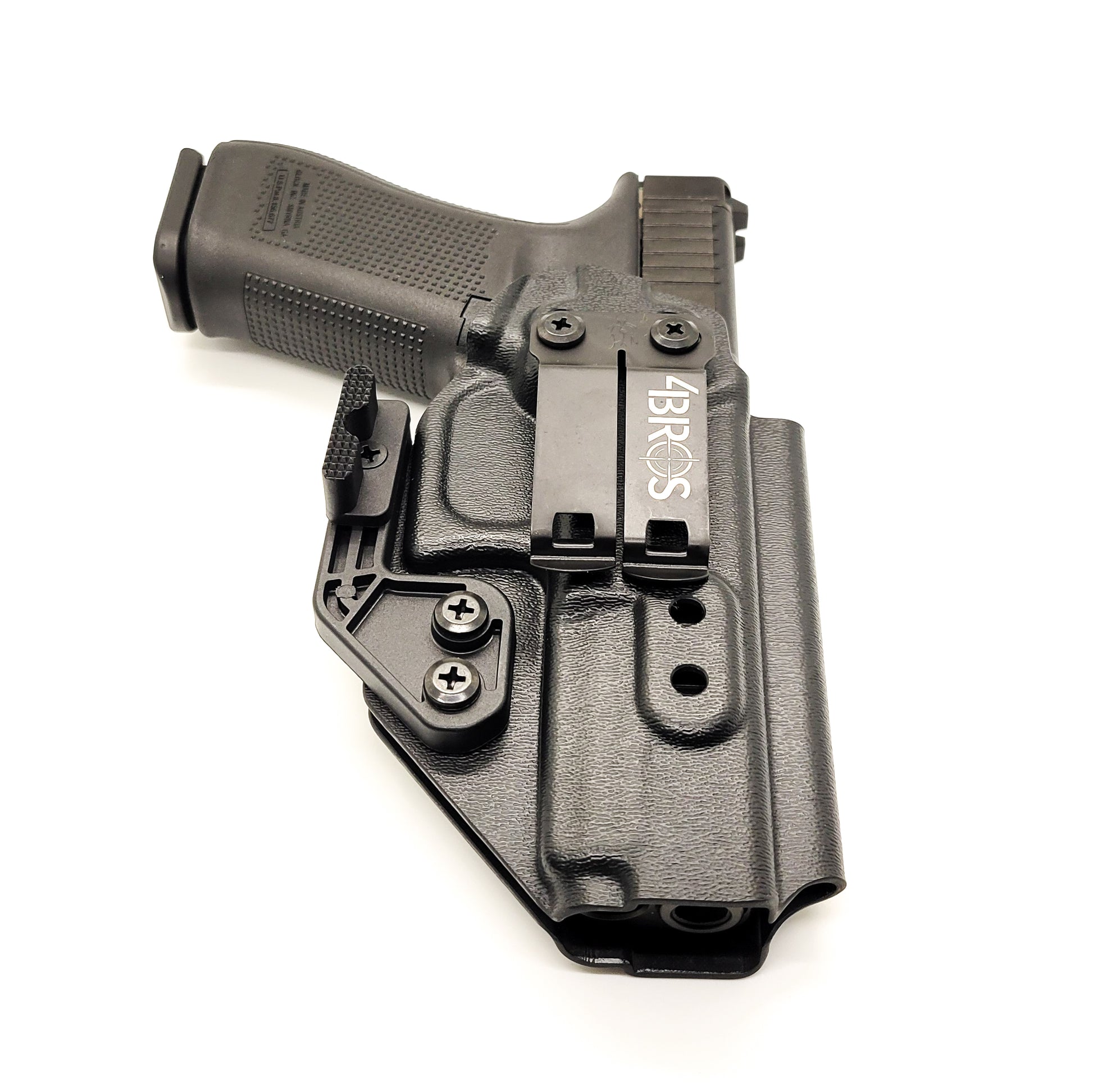 For the best Inside Waistband IWB AIWB Kydex Taco Style Holster designed to fit the Glock 47 MOS G47 shop Four Brothers Holsters. Adjustable ride height and cant. Smooth edges and slim profile to reduce printing. Fast shipping with short order lead times. Made in the USA 