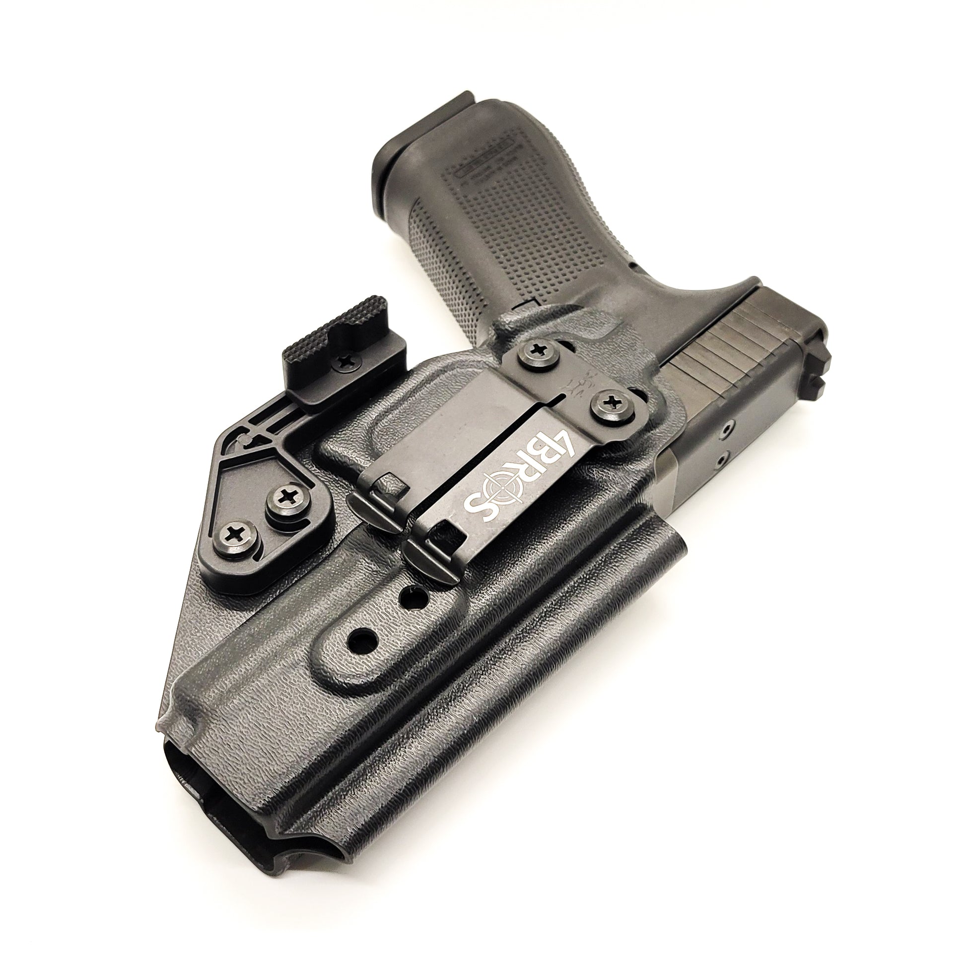 For the best Inside Waistband IWB AIWB Kydex Taco Style Holster designed to fit the Glock 47 MOS G47 shop Four Brothers Holsters. Adjustable ride height and cant. Smooth edges and slim profile to reduce printing. Fast shipping with short order lead times. Made in the USA 