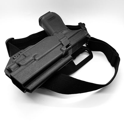 For the best outside waistband OWB Kydex Duty and Competition holster designed to fit the Glock 47 Gen 5 with the Streamlight TLR-7 HL-X, TLR-7 X, & TLR-7 A, shop Four Brothers 4BROS Holsters. Full sweat guard, adjustable retention, cleared for red dot sights. Open muzzle for threaded barrels. Made in the USA TLR7 HLX

