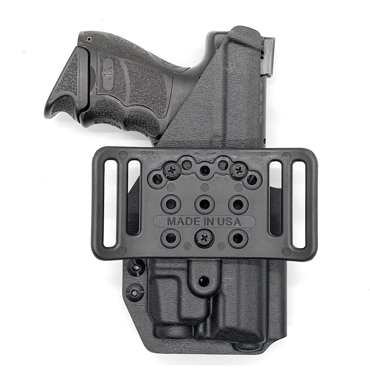 Outside Waistband Holster designed to fit the Heckler & Koch H&K VP9 or VP9SK pistol with Streamlight TLR-7 or TLR-7A weapon mounted light. Full Sweat guard, profile cut to allow red dot sights, adjustable retention, minimal material and smooth edges to reduce printing. Proudly made in the USA.