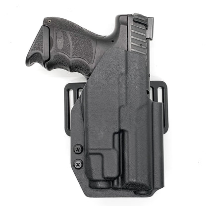 Outside Waistband Holster designed to fit the Heckler & Koch H&K VP9 or VP9SK pistol with Streamlight TLR-7 or TLR-7A weapon mounted light. Full Sweat guard, profile cut to allow red dot sights, adjustable retention, minimal material and smooth edges to reduce printing. Proudly made in the USA.