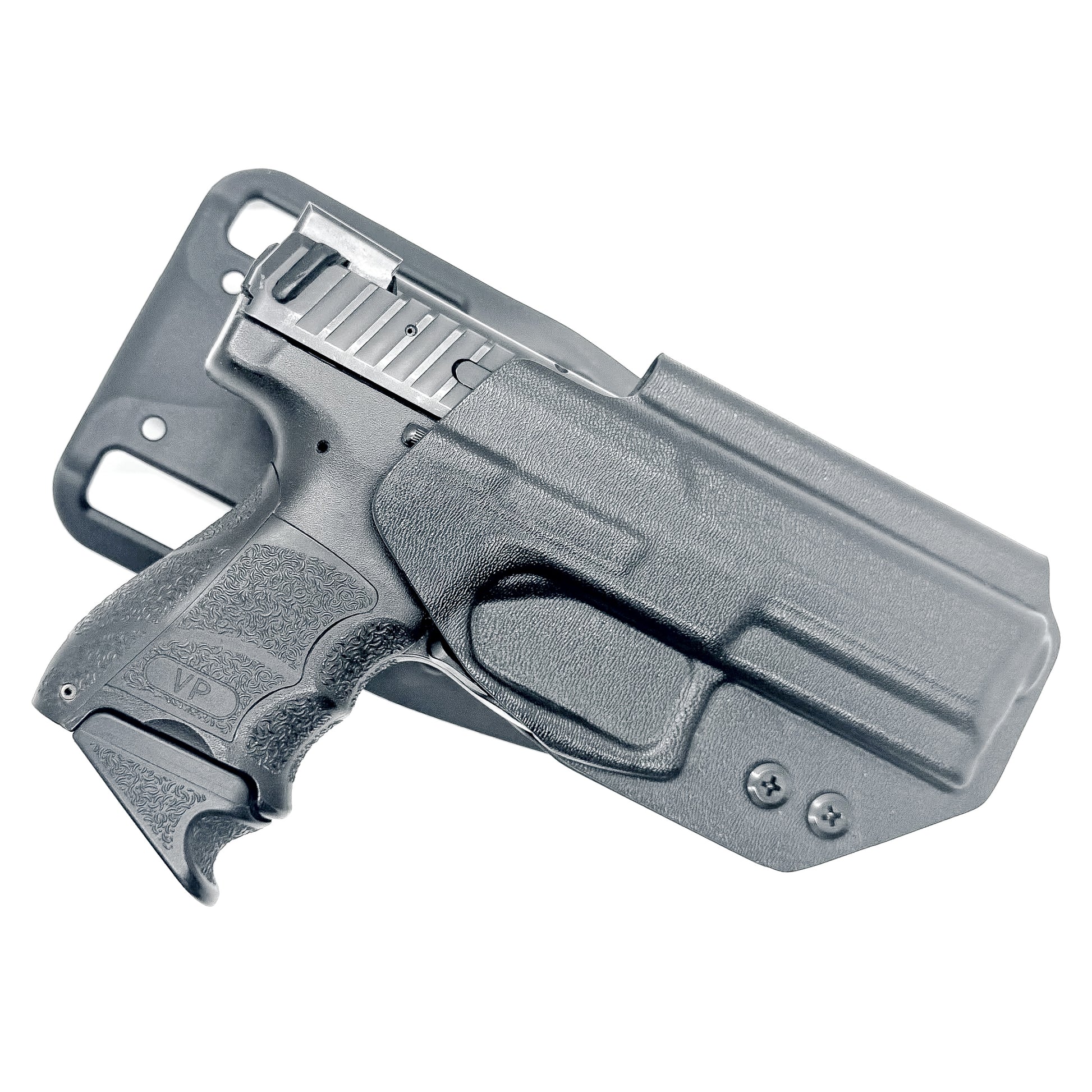 Black Outside Waistband OWB H&K VP9 full-size pistol Duty & Competition Style Kydex Holster from Four Brothers Holsters. Proudly made in the USA.
