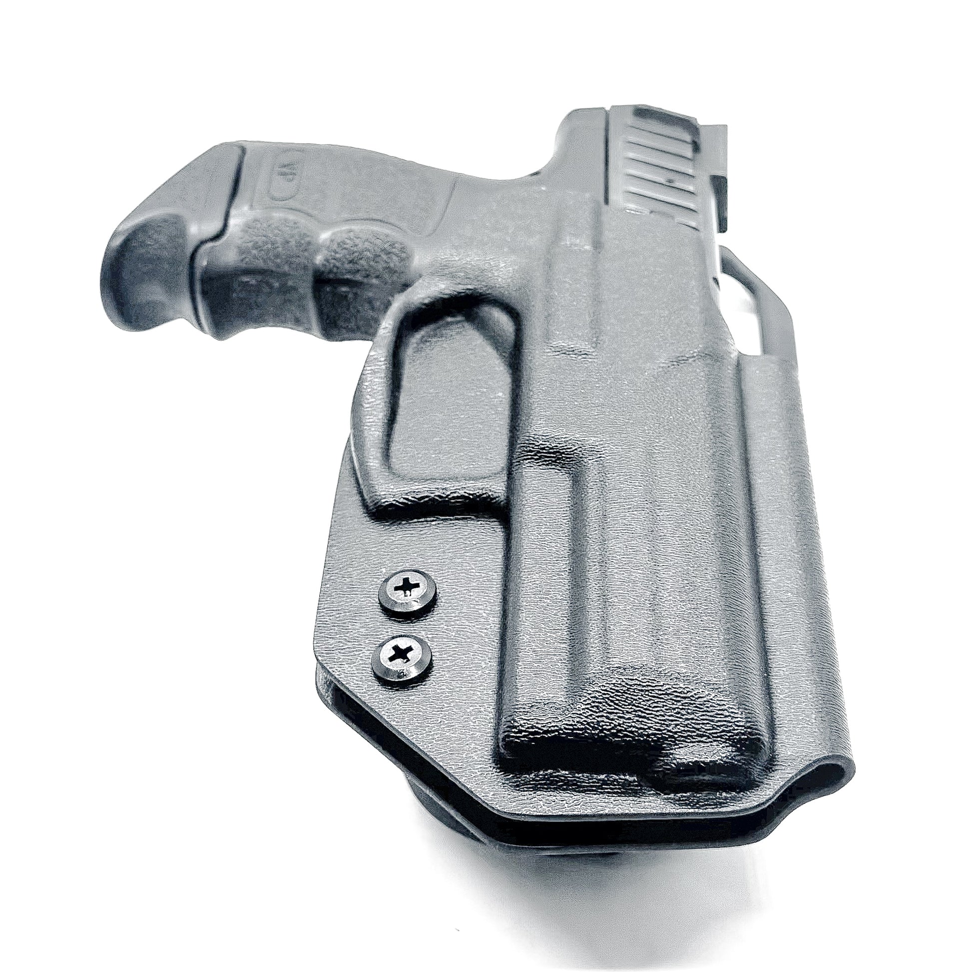 Black Outside Waistband OWB H&K VP9 full-size pistol Duty & Competition Style Kydex Holster from Four Brothers Holsters. Proudly made in the USA.
