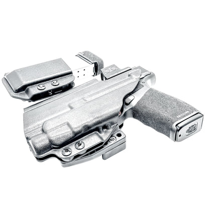 Springfield Hellcat Pro and TLR-7 HL-X IWB Inside Waistband holster and magazine carrier combo with adjustable retention and Modwing.

