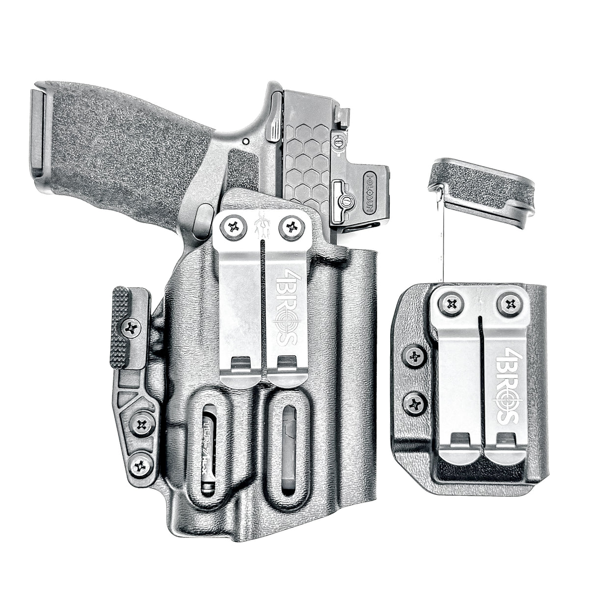 Springfield Hellcat Pro and TLR-7 HL-X IWB Inside Waistband holster and magazine carrier combo with adjustable retention and Modwing.
