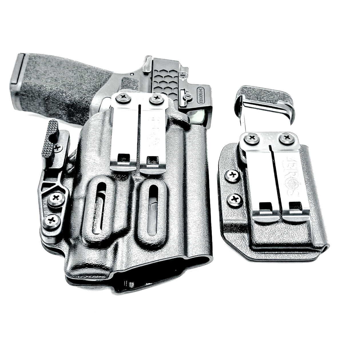 Springfield Hellcat Pro and TLR-7 HL-X IWB Inside Waistband holster and magazine carrier combo with adjustable retention and Modwing.
