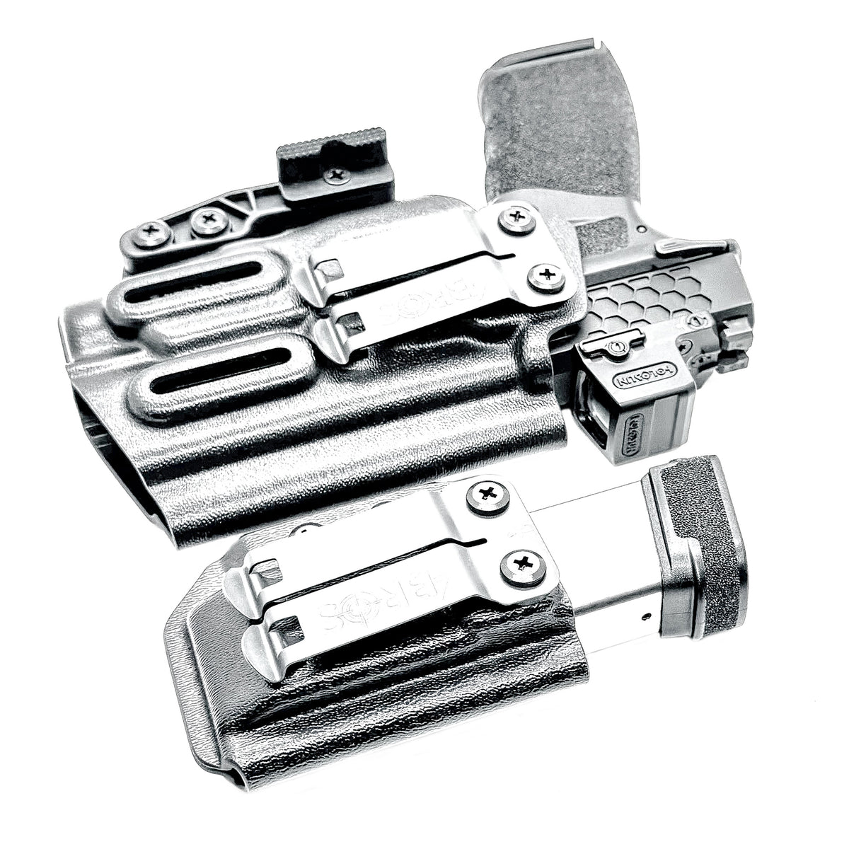 Springfield Hellcat Pro and TLR-7 HL-X IWB Inside Waistband holster and magazine carrier combo with adjustable retention and Modwing.
