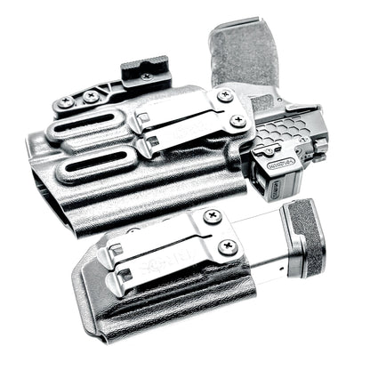 Springfield Hellcat Pro and TLR-7 HL-X IWB Inside Waistband holster and magazine carrier combo with adjustable retention and Modwing.
