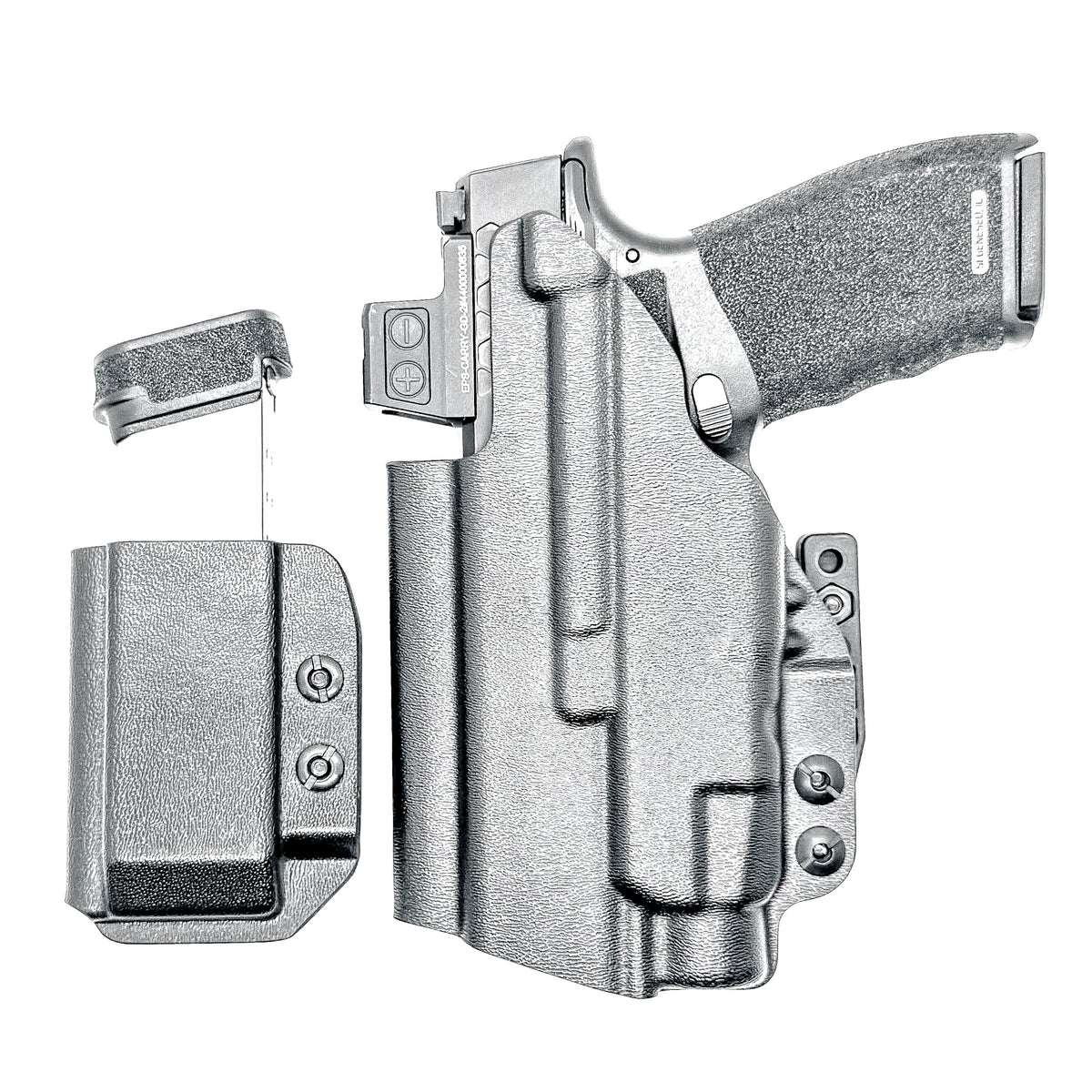 Springfield Hellcat Pro and TLR-7 HL-X IWB Inside Waistband holster and magazine carrier combo with adjustable retention and Modwing.
