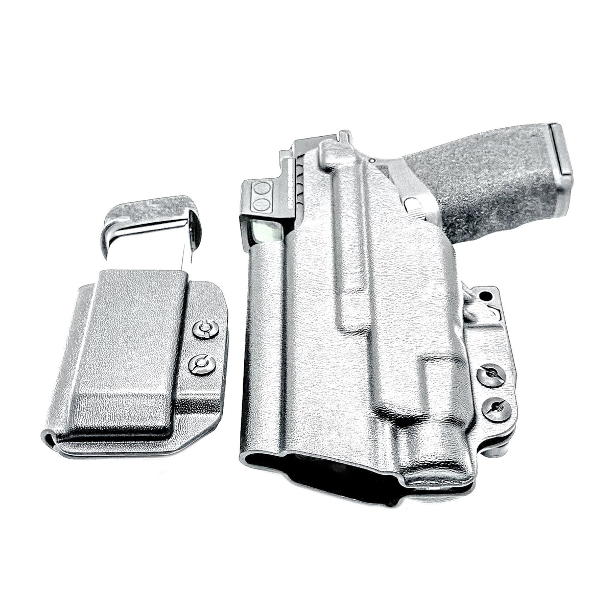 Springfield Hellcat Pro and TLR-7 HL-X IWB Inside Waistband holster and magazine carrier combo with adjustable retention and Modwing.
