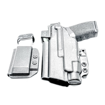 Springfield Hellcat Pro and TLR-7 HL-X IWB Inside Waistband holster and magazine carrier combo with adjustable retention and Modwing.
