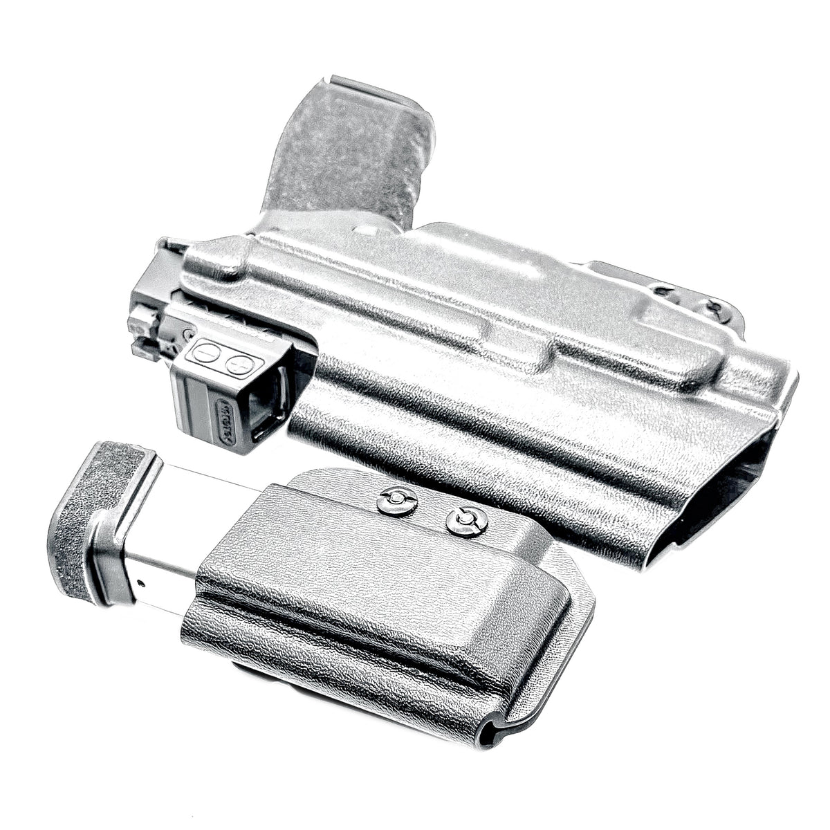 Springfield Hellcat Pro and TLR-7 HL-X IWB Inside Waistband holster and magazine carrier combo with adjustable retention and Modwing.
