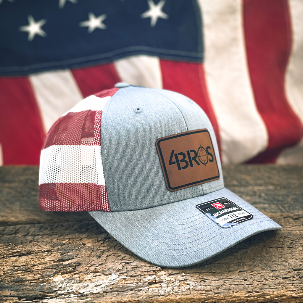 The 4Bros Proud Patriot Trucker is our take on what a true American should wear! It is intended to be your everyday hat, just like our holsters. Take it with you everywhere. The more wear it has and the dirtier it gets, the better it looks. 4Bros Laser Engraved Leather Logo, Comfort fit, and Snapback closure.