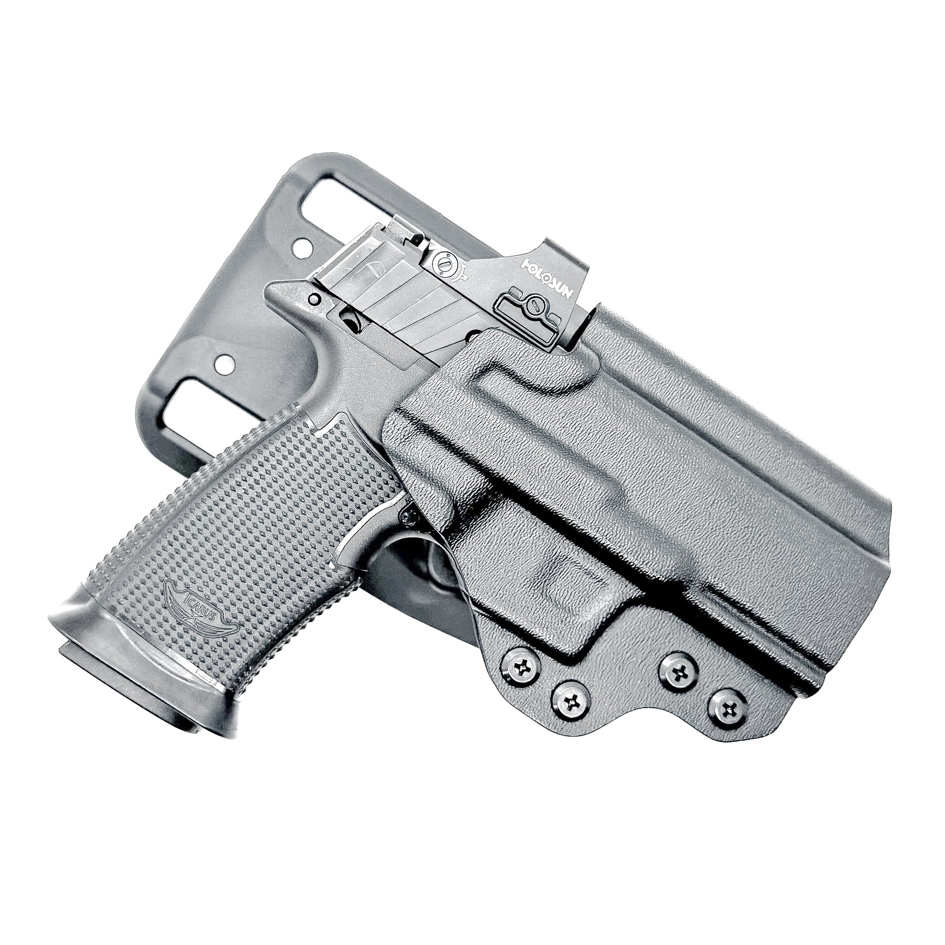 Duty & Competition OWB holster for the Icarus Precision AIR Polymer XMACRO Grip & P365 XMACRO or P365XL Slide. Red dot ready, suppressor height sight compatible