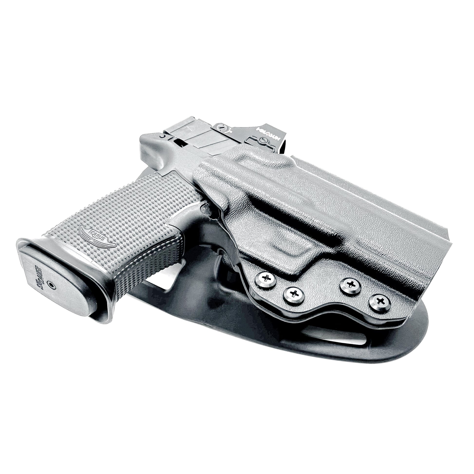 Duty & Competition OWB holster for the Icarus Precision AIR Polymer XMACRO Grip & P365 XMACRO or P365XL Slide. Red dot ready, suppressor height sight compatible