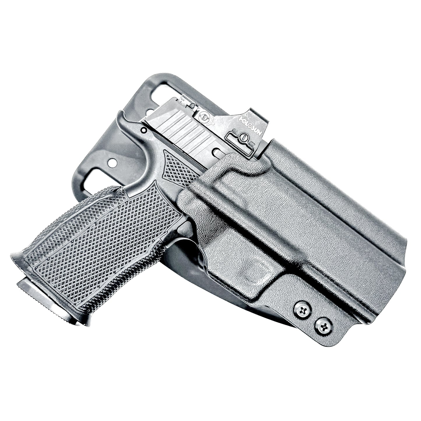 Black Sig Sauer P365-XMACRO, P365XL or P365 slide and Icarus Precision A.C.E. 365 X MACRO or 365 XL EVO Grip Module OWB Duty & Competition Holster from Four Brothers. 