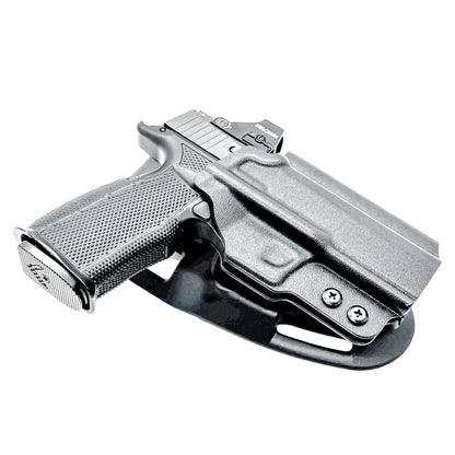 Black Sig Sauer P365-XMACRO, P365XL or P365 slide and Icarus Precision A.C.E. 365 X MACRO or 365 XL EVO Grip Module OWB Duty & Competition Holster from Four Brothers. 