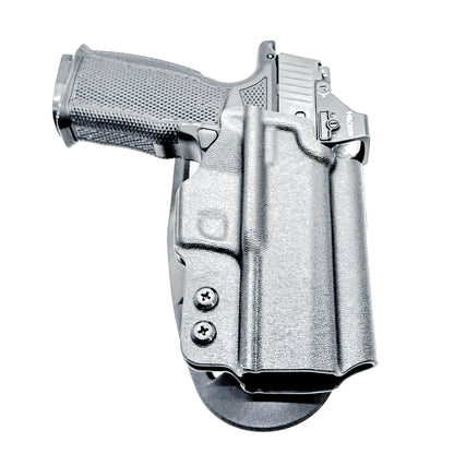 Black Sig Sauer P365-XMACRO, P365XL or P365 slide and Icarus Precision A.C.E. 365 X MACRO or 365 XL EVO Grip Module OWB Duty & Competition Holster from Four Brothers. 