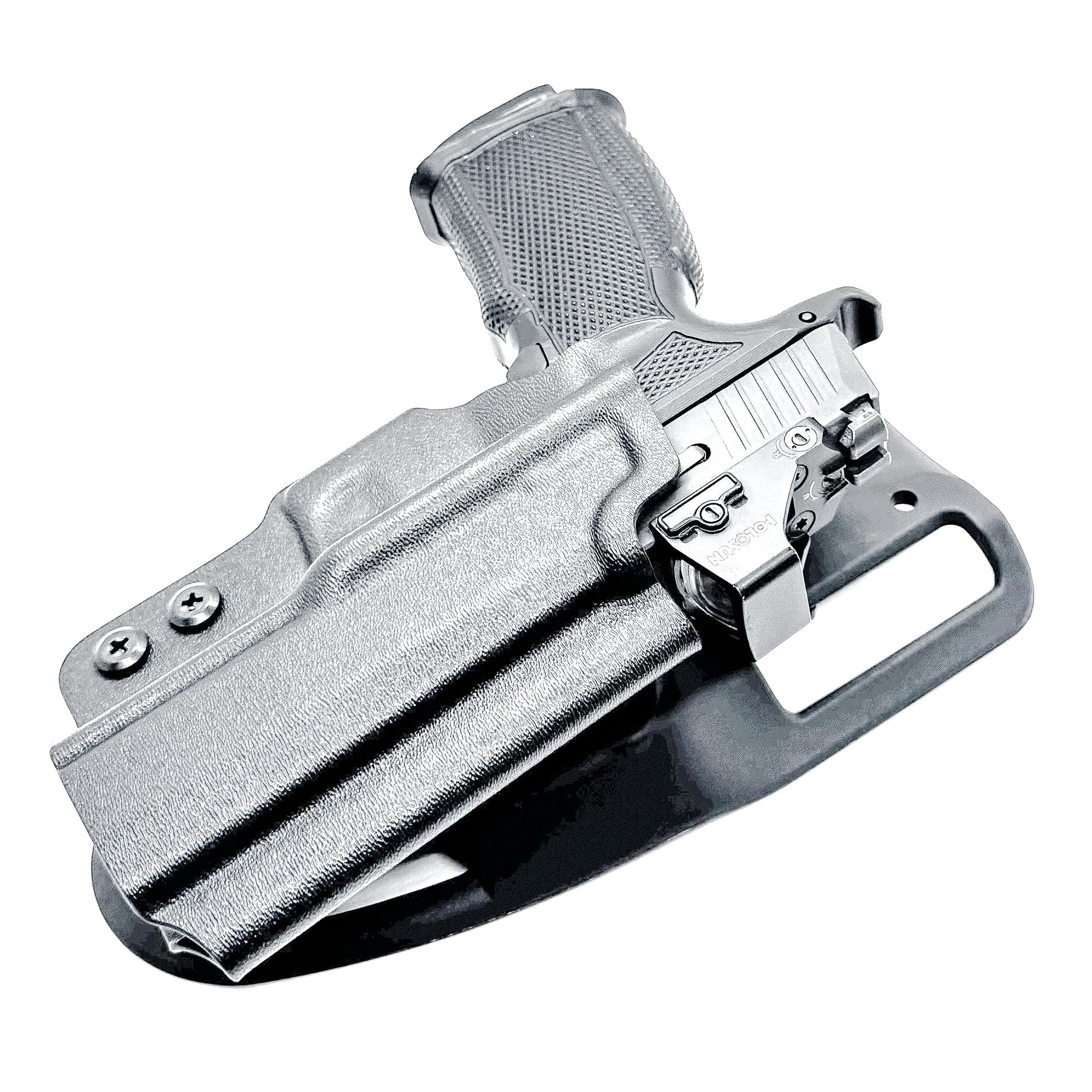 Black Sig Sauer P365-XMACRO, P365XL or P365 slide and Icarus Precision A.C.E. 365 X MACRO or 365 XL EVO Grip Module OWB Duty & Competition Holster from Four Brothers. 