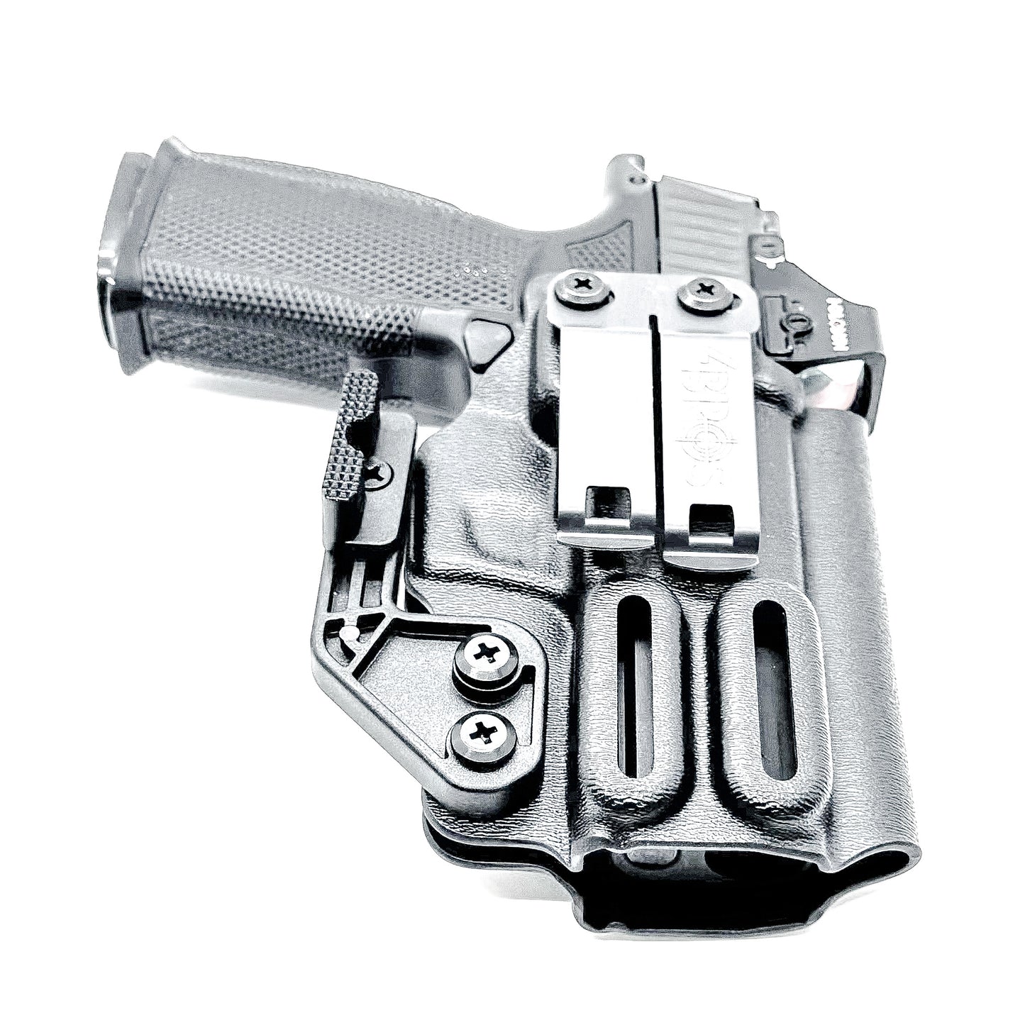 Black Sig Sauer P365-XMACRO, P365XL or P365 slide and Icarus Precision A.C.E. 365 X MACRO or 365 XL EVO Grip Module OWB Holster from Four Brothers. 