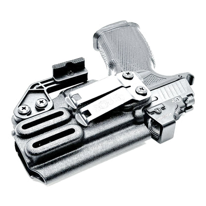 Black Sig Sauer P365-XMACRO, P365XL or P365 slide and Icarus Precision A.C.E. 365 X MACRO or 365 XL EVO Grip Module OWB Holster from Four Brothers. 