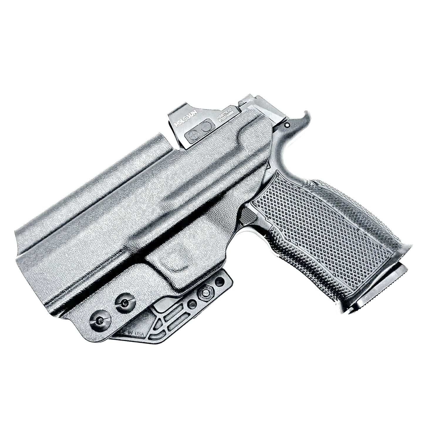 Black Sig Sauer P365-XMACRO, P365XL or P365 slide and Icarus Precision A.C.E. 365 X MACRO or 365 XL EVO Grip Module OWB Holster from Four Brothers. 