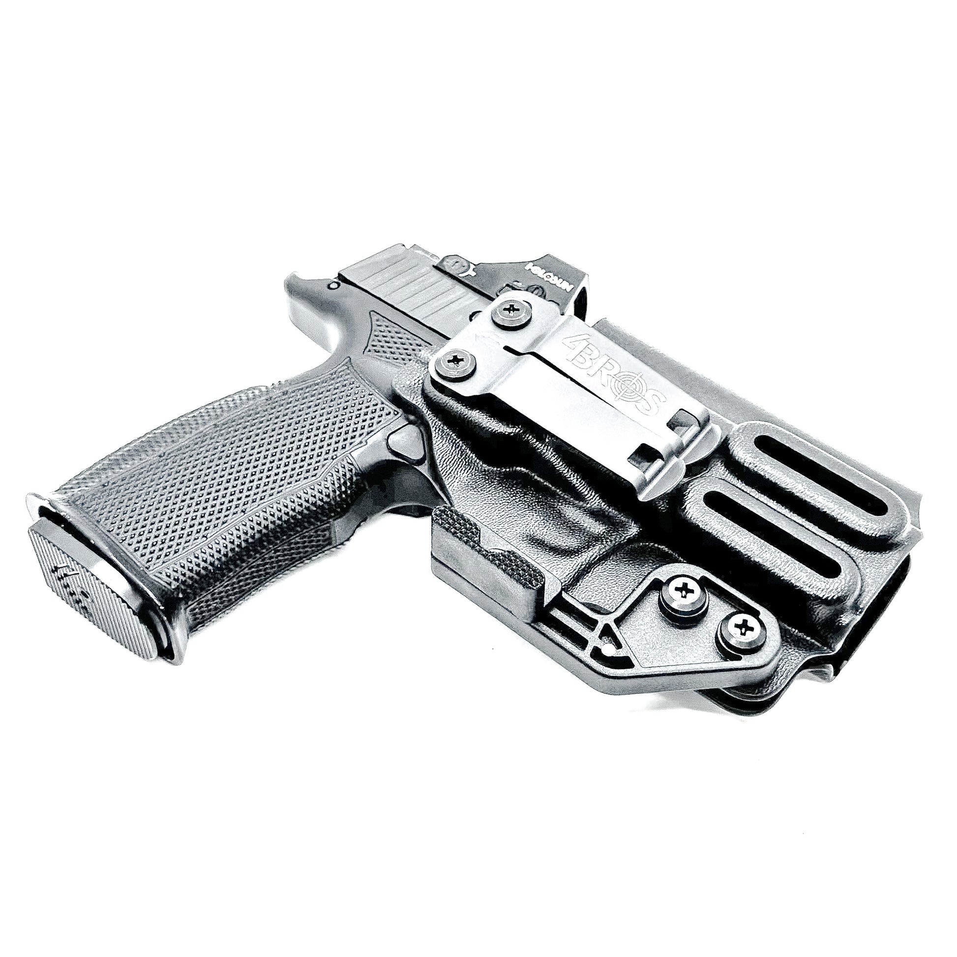 Black Sig Sauer P365-XMACRO, P365XL or P365 slide and Icarus Precision A.C.E. 365 X MACRO or 365 XL EVO Grip Module OWB Holster from Four Brothers. 