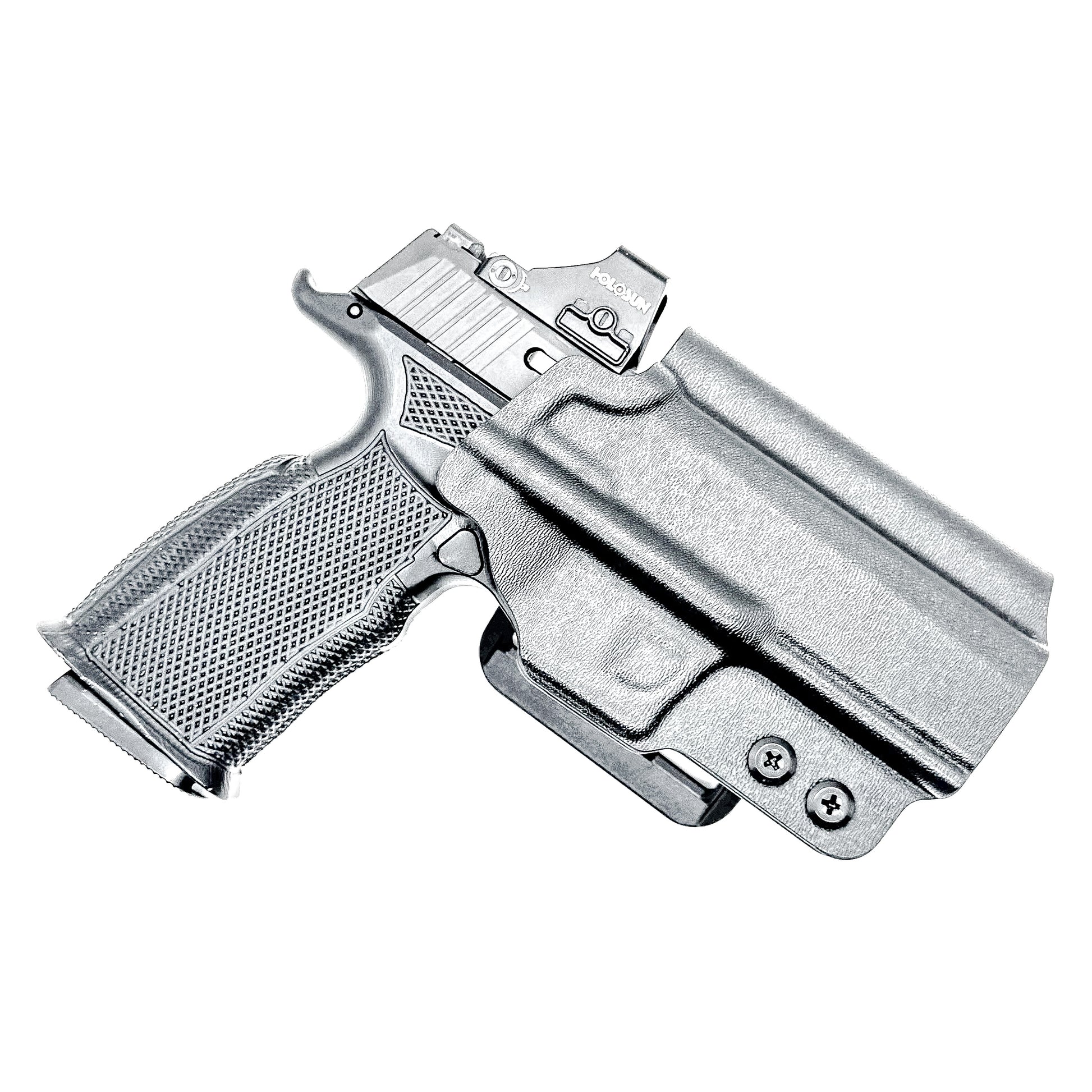 Black Sig Sauer P365-XMACRO, P365XL or P365 slide and Icarus Precision A.C.E. 365 X MACRO or 365 XL EVO Grip Module OWB Holster from Four Brothers. 