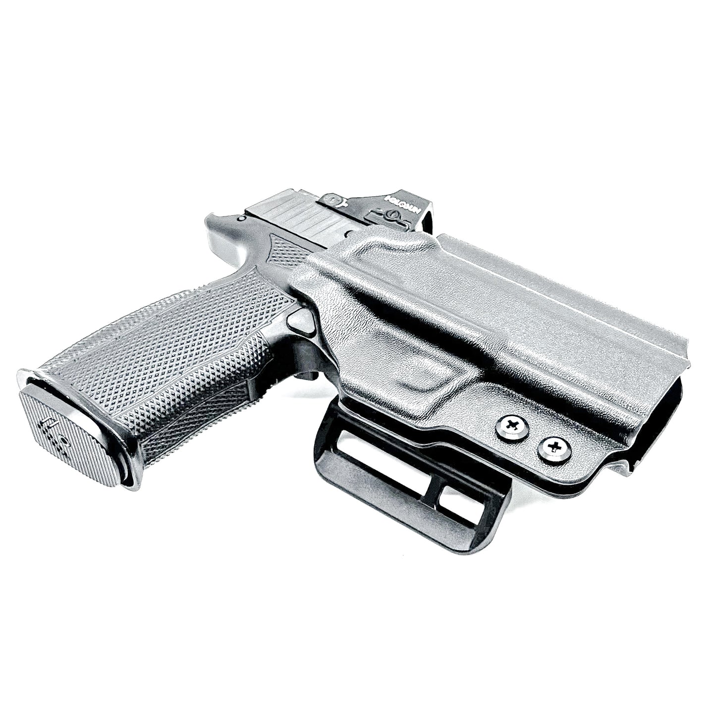 Black Sig Sauer P365-XMACRO, P365XL or P365 slide and Icarus Precision A.C.E. 365 X MACRO or 365 XL EVO Grip Module OWB Holster from Four Brothers. 