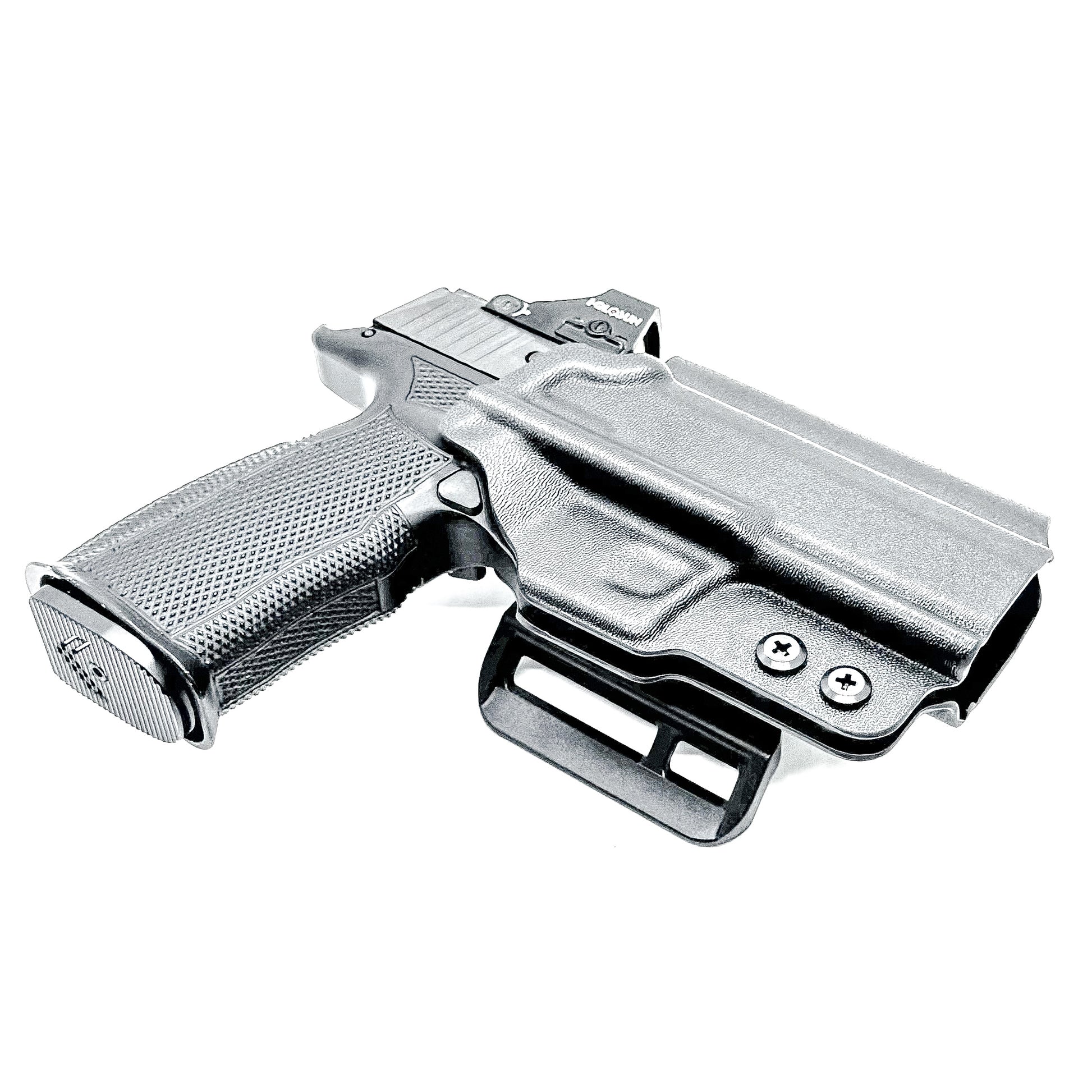 Black Sig Sauer P365-XMACRO, P365XL or P365 slide and Icarus Precision A.C.E. 365 X MACRO or 365 XL EVO Grip Module OWB Holster from Four Brothers. 