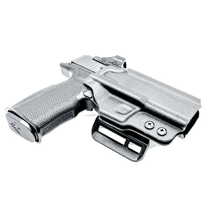 Black Sig Sauer P365-XMACRO, P365XL or P365 slide and Icarus Precision A.C.E. 365 X MACRO or 365 XL EVO Grip Module OWB Holster from Four Brothers. 