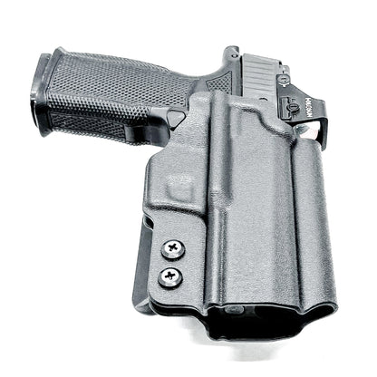 Black Sig Sauer P365-XMACRO, P365XL or P365 slide and Icarus Precision A.C.E. 365 X MACRO or 365 XL EVO Grip Module OWB Holster from Four Brothers. 