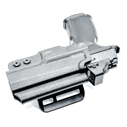 Black Sig Sauer P365-XMACRO, P365XL or P365 slide and Icarus Precision A.C.E. 365 X MACRO or 365 XL EVO Grip Module OWB Holster from Four Brothers. 